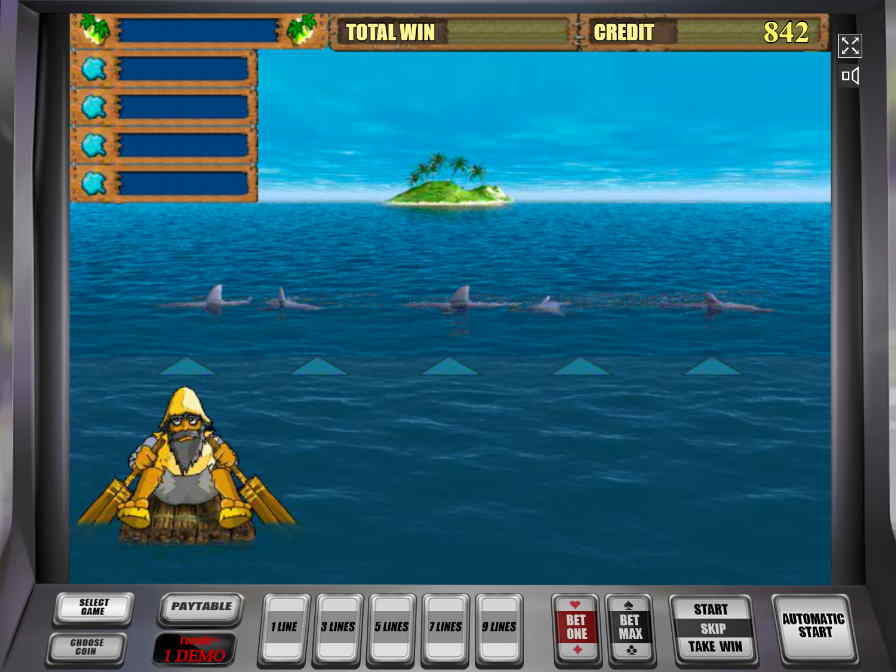 Задача Робинзона - доплыть до острова и не попасть в зубы к акуле Бонусная игра автомата Остров